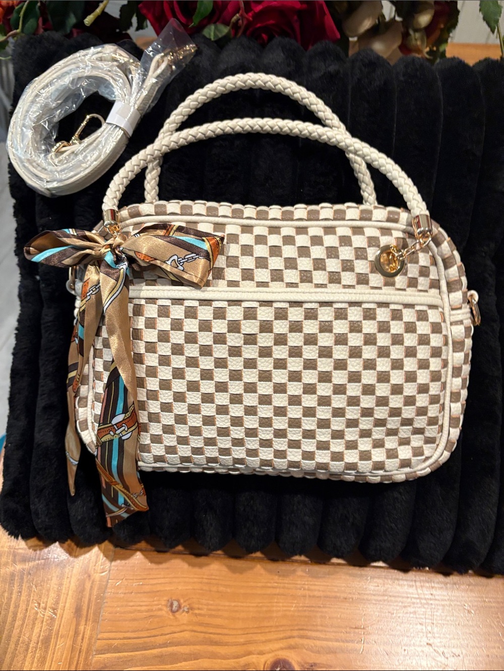 Woven Checkered Tote Bag in Cream and Brown